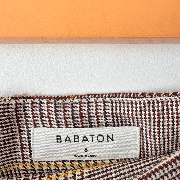 Aritzia Babaton Jethro Faux Twist Wrap Mini Skirt Brown & Gold Plaid Size 6 - Picture 5 of 6